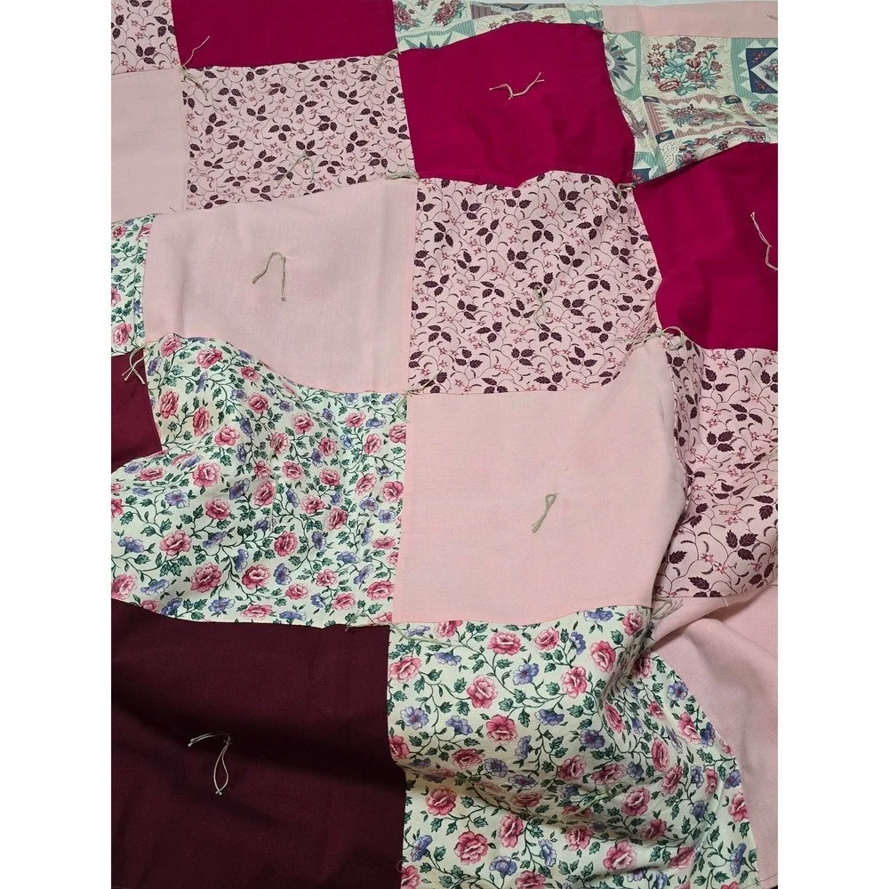 New Handmade Patchwork Quilt Pink Floral Green Folk Art Full Throw Blanket /0188